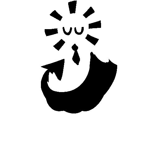 a person with an arrow wrapping around them. they have one arm with a paw, one wing, a lightning bolt instead of feet, a necktie, glow marks around their head, a short fuzzy tail, and closed eyes. the person pure is white and the arrow is pure black